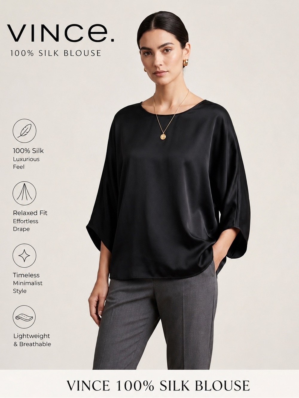 Vince Black 100% Silk Top Size M Batwing Draped Luxury Blouse